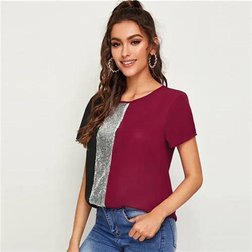 Multicolor SHEIN модный топ с блестками и контрастной вставкой, Женские топы и блузки,, повседневные летние блузки с коротким рукавом и цветными блоками - Цвет: Multicolor
