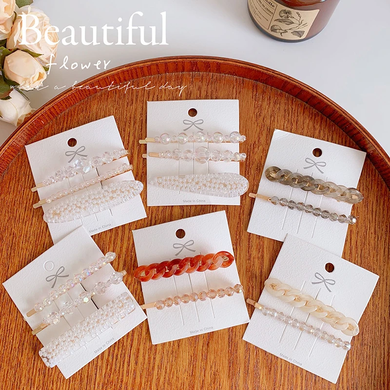 

New Women Elegant Acrylic Chain Shape Pearls Hairpins Sweet Headband Barrettes Hair Clips Lady Fashion Hair Accessories Set