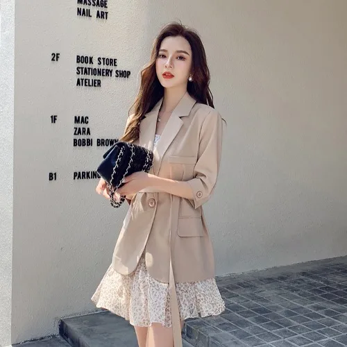 

Suits Trendy Dress 2 Piece Set Clothes For Women Girls Spaghetti Strap Printed Chiffon Mini Dresses Suit Jacket Blazer With Belt