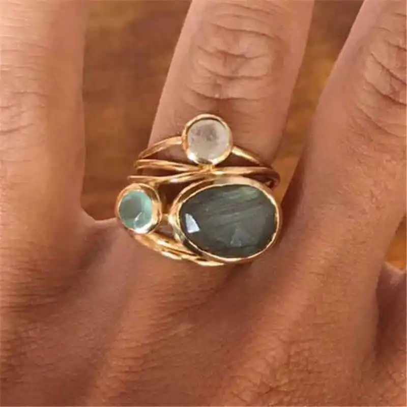 

Popular Unique Creative Gem Moonstone Multi-storey Aqua Blue Simulated Shell Ring Wedding Jewelry Gifts Size 6-10