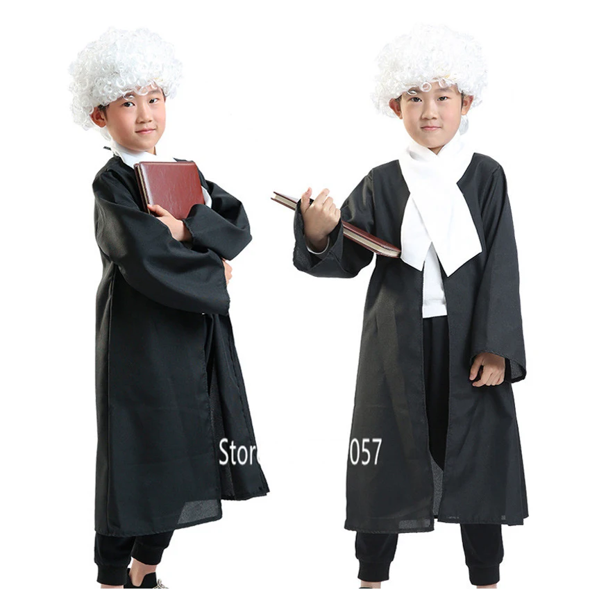 Halloween Christmas Judge Lawyer Cosplay Costume For Kids Baby Boys Girl Carnival Party Role Play Game Performance Coat Wig Sets