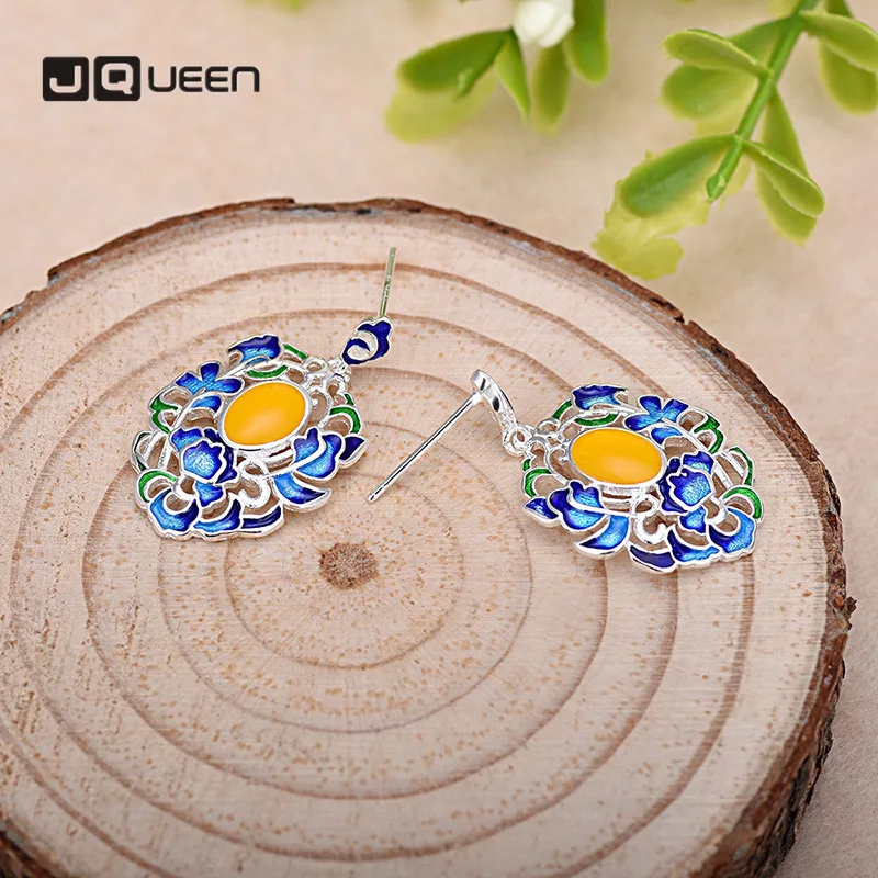 Модные серьги эмалированные синие в этническом стиле серебряные серьги-гвоздики