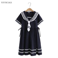 2021 summer new women dress preppy style japan style mid length student girl dresses sweet tie navy vestidos 2117131