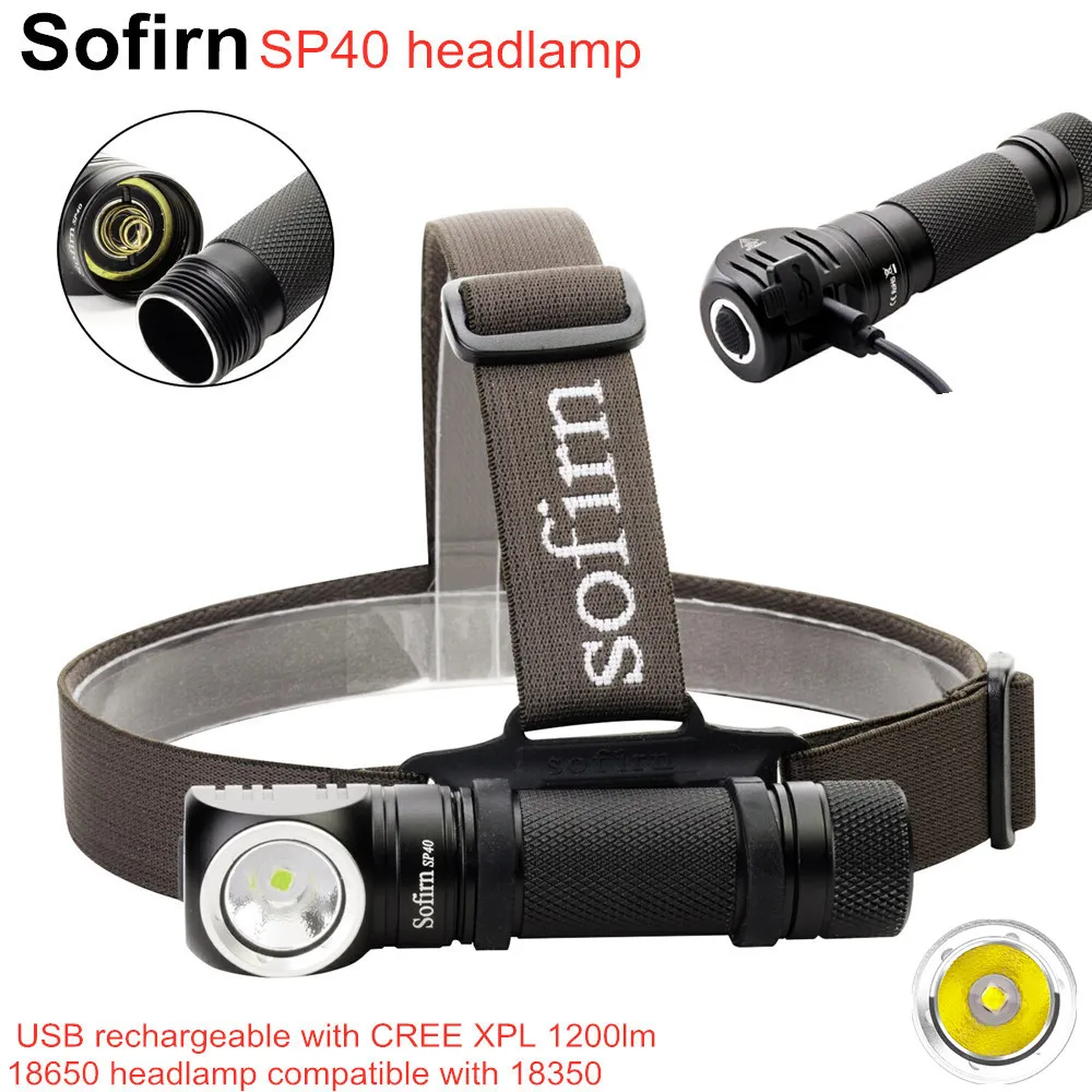Sofirn SP40 LED Headlamp Cree XPL 1200lm 18650 USB Rechargeable Headlight 18350 Flashlight with Power Indicator Magnet Tail