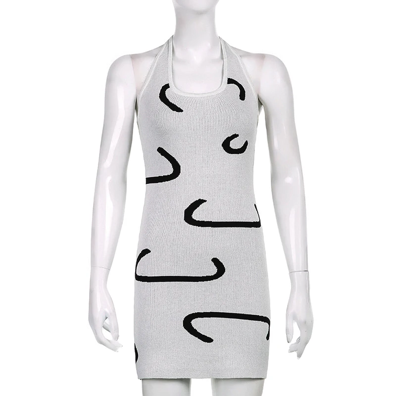 

Knitted Mini Dress Women Halter Neck Backless Print Sleeveless Summer Beach Bodycon Sexy Dresses