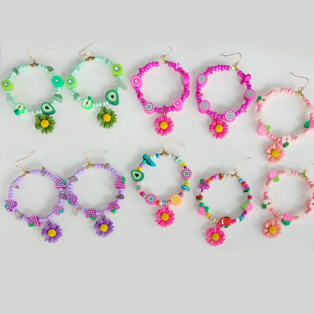 

2021 Summer Bohemina Flower Earrings Multicolor Polymer Clay Beaded Fruit Hoop Earrings for Women Party Jewelry Gift Wholesale