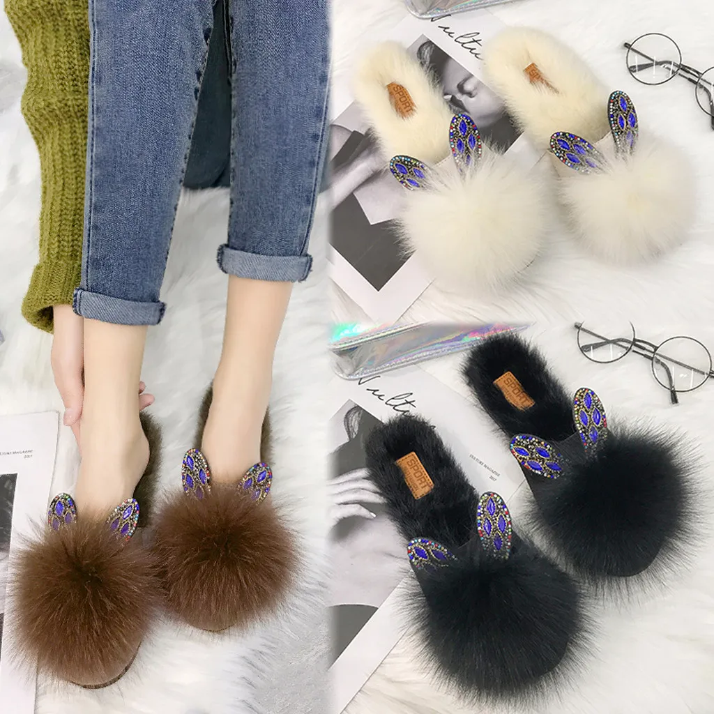 Теплые домашние тапочки с добавлением шерсти; женская обувь; Новое поступление; тапочки на плоской подошве с ушками Хрустальный Кролик; Женская Нескользящая домашняя обувь