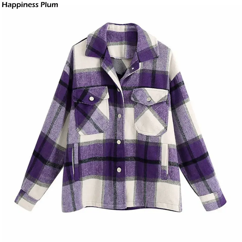 

Женская Клетчатая Шерстяная Куртка оверсайз, модные осенне-зимние Мягкие плотные однобортные топы, свободное винтажное шикарное пальто