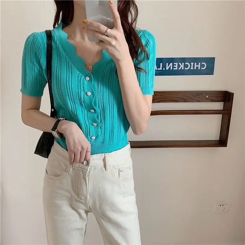 

Женские футболки 2021, белый летний женский трикотажный топ с V-образным вырезом и кружевом