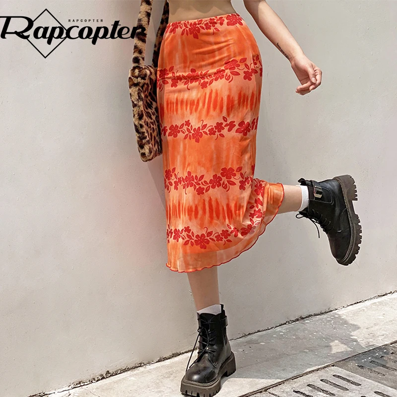 Длинные оранжевые юбки Rapcopter y2k с цветочным принтом летние оборками милые до