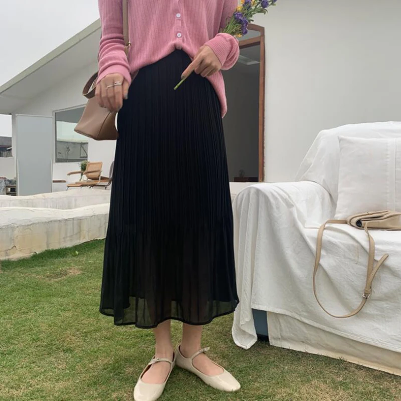

EORUTCIZ Summer Sexy Chiffon Maxi Women Fashion Skirts Elastic Pleated Skirt High Waist Vinatge Black Casual Skirts LM747