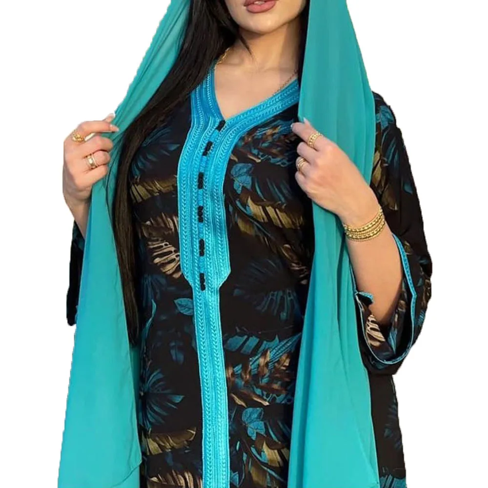 

2021 Summer New Middle East Arabic Robe Muslim Printing Fashion Women's Dress Loose Casual V-neck Long Sleeve