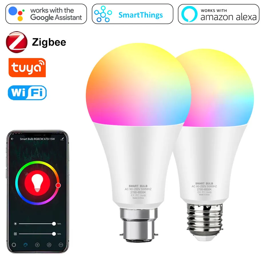 

ZigBee Tuya WiFi Smart Light Bulb E27 RGB Dimmable Lamp 15W APP Voice Control Smart Timing Magic Bulbs B22 For Home Lighting