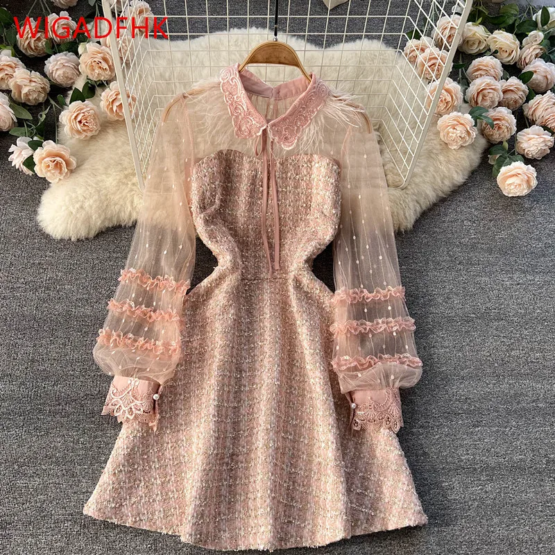 

WIGADFHK Elegant Women's Dress New Style 2022 Fashion Lace Mesh Stitching Tweed Fashion Dress Sweet Pink Party Dress
