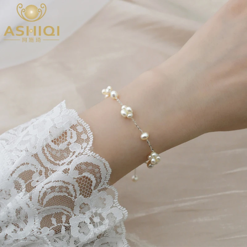

ASHIQI Natural Freshwater Pearl 925 Sterling Silver Hand Woven Flower Ball Bracelet Jewelry for Women