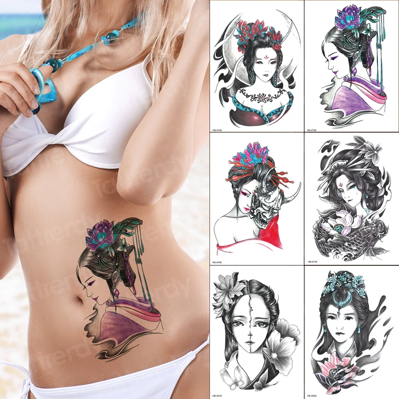 

6pcs/lot new Waterproof Temporary Tattoo Sticker Japanese geisha tattoo Water Transfer girl cool body art fake tattoo Women Men