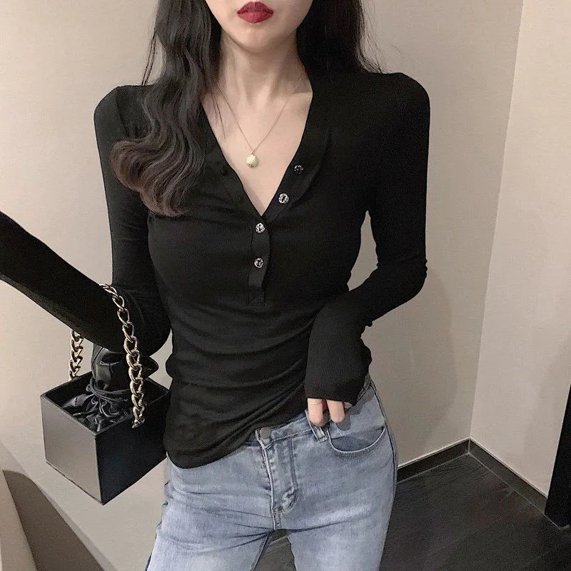 

Blouse Women Cotton V-neck Long Sleeve Shirts 2021 Fall Women's Clothing Slim Fit Top Blusas Ropa De Mujer