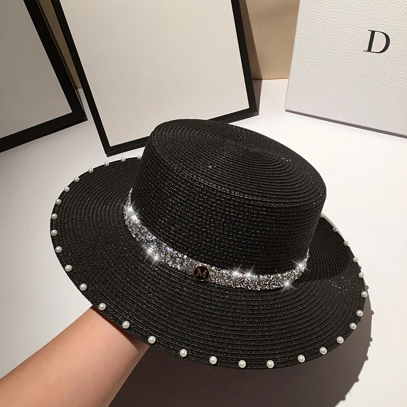 Шляпа Соломенная женская с плоским верхом модная шапка для отдыха пляжа жемчугом