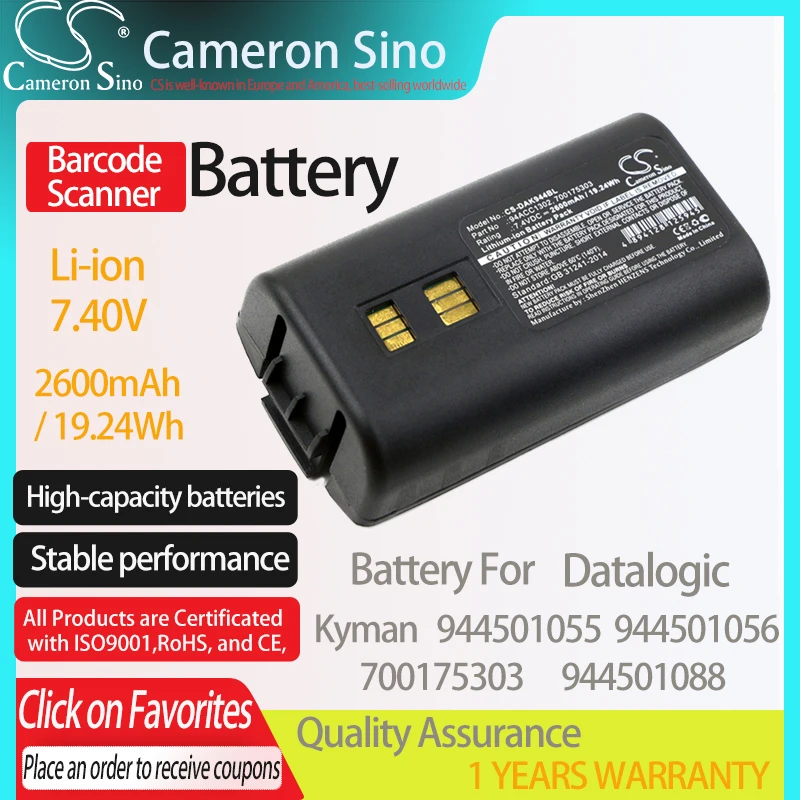 

CameronSino Battery for Datalogic Kyman 944501055 fits Datalogic 700175303 944501088 Barcode Scanner battery 2600mAh/19.24Wh
