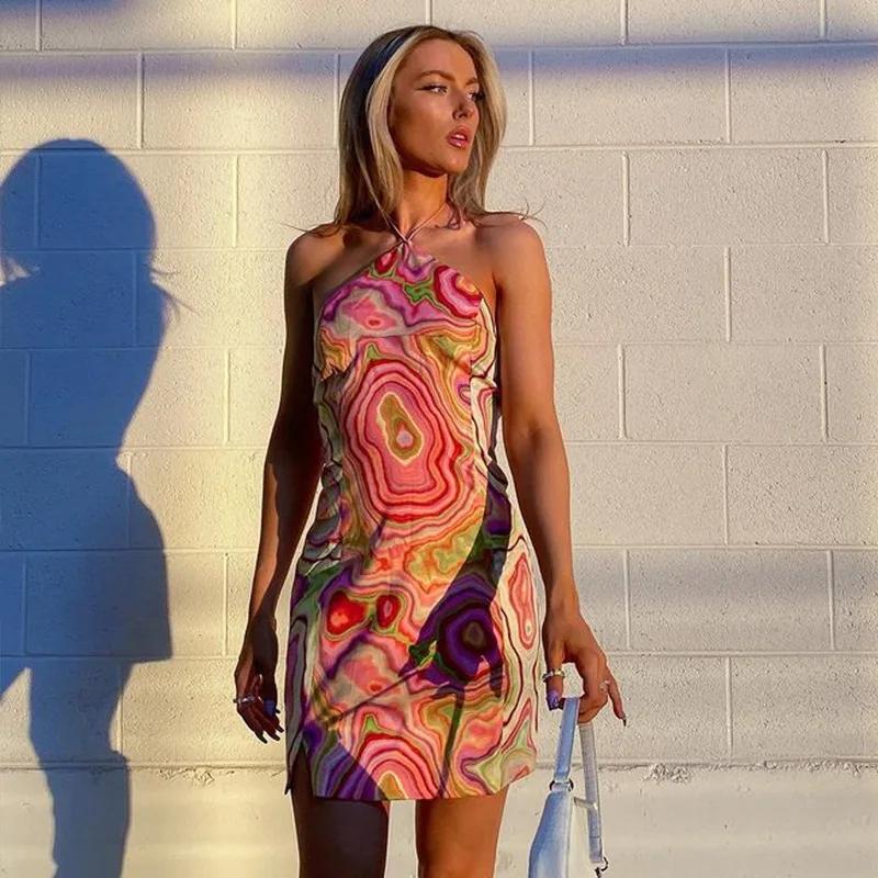 

Slip Dress 2021 Backless Off Shoulder Tie Dye Hip Sling Dress Ladies Multi Colored Sleeveless Slip Dress Vestidos Sexi Sukienka