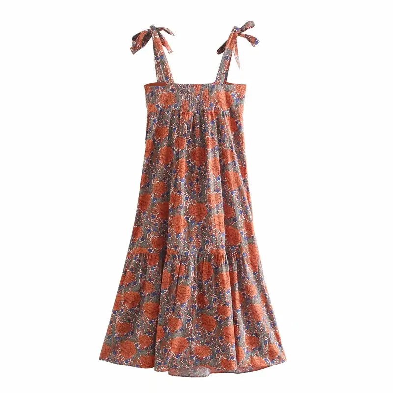 

ZA Summer Women Camisole Dress Bow Loose Dress Lady Beach Style Floral Printed Dress Elegant Girls Backless Causal Outfits