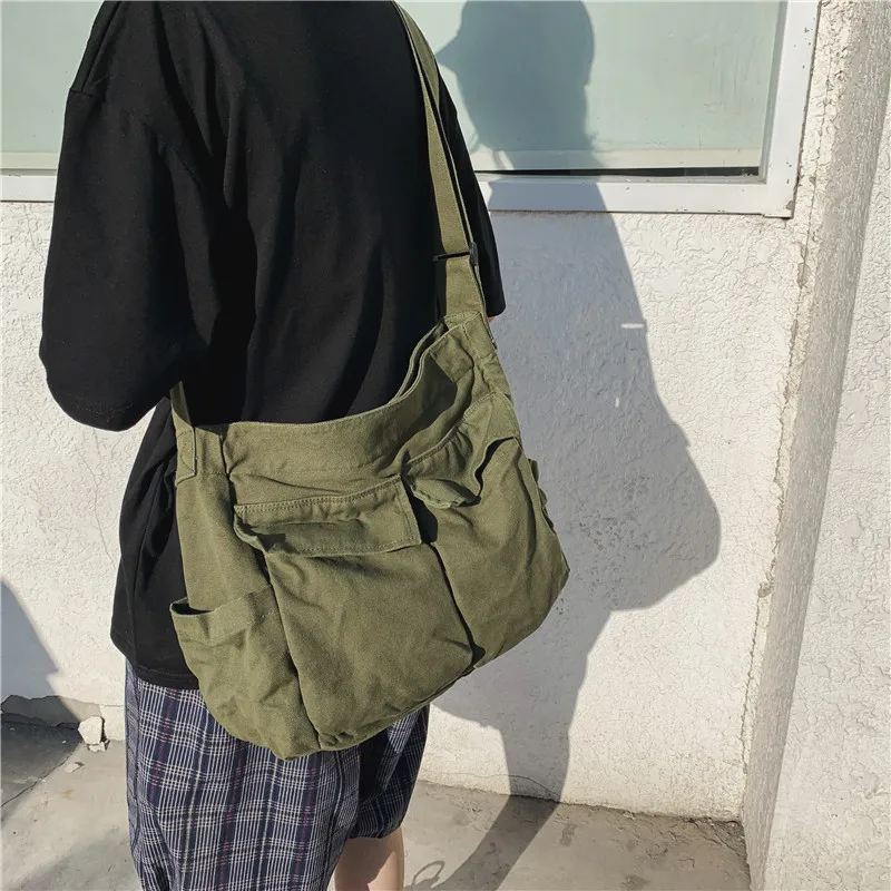 Multi Pockets Canvas Big Size Handbag Female Male Teenager Student Over Large High Street Hip Hop Fabric Zipper Messenger Bag