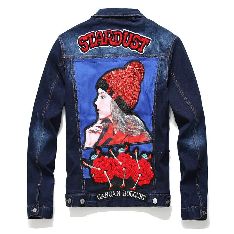 Fashion New Mens Casual Slim Denim Jacket European And American Style Embroidered Beauty Badge Punk Hip-hop Denim Jacket Coat