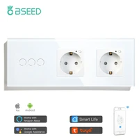 bseed 3 gang smart light switch with double wall socket 3 colors wall switch 228mm crystal glass panel work with tuya app