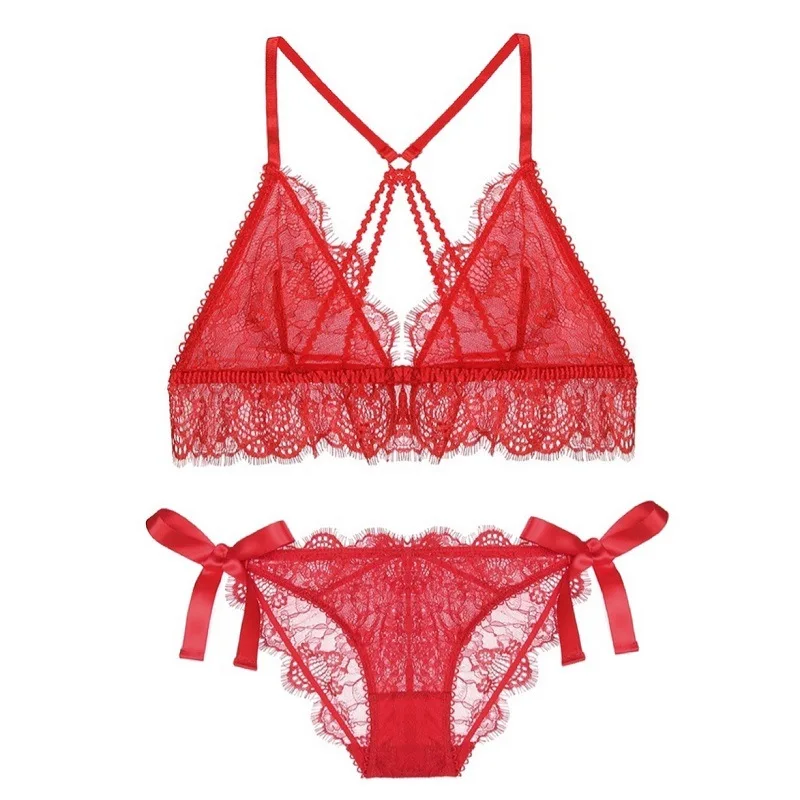 

2021 French Women's Lace Sexy Perspective Underwear Women's Triangle Cup Ultra Thin Rimless Front Button Back Bra Setlingerie