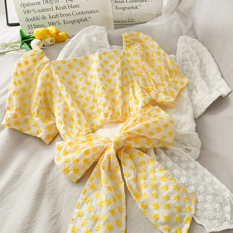 

Женская винтажная блузка, свободная блузка с V-образным вырезом и бантом, корейская мода, рубашки с буфами на рукавах