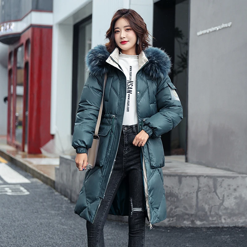 

ISENMAL Long Women Winter Parkas Large Fur Collar Hooded Jacket Thickness Cotton Padded Lady Overcoat Female Snow Outwear