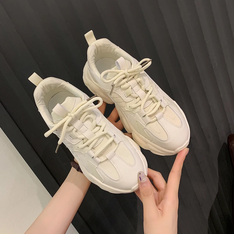 

New Women's 2021 Lace Up Sneakers Black Chunky Platform White Casual Leather Breathable Fashion All-match Dad Shoes Sports Shoes
