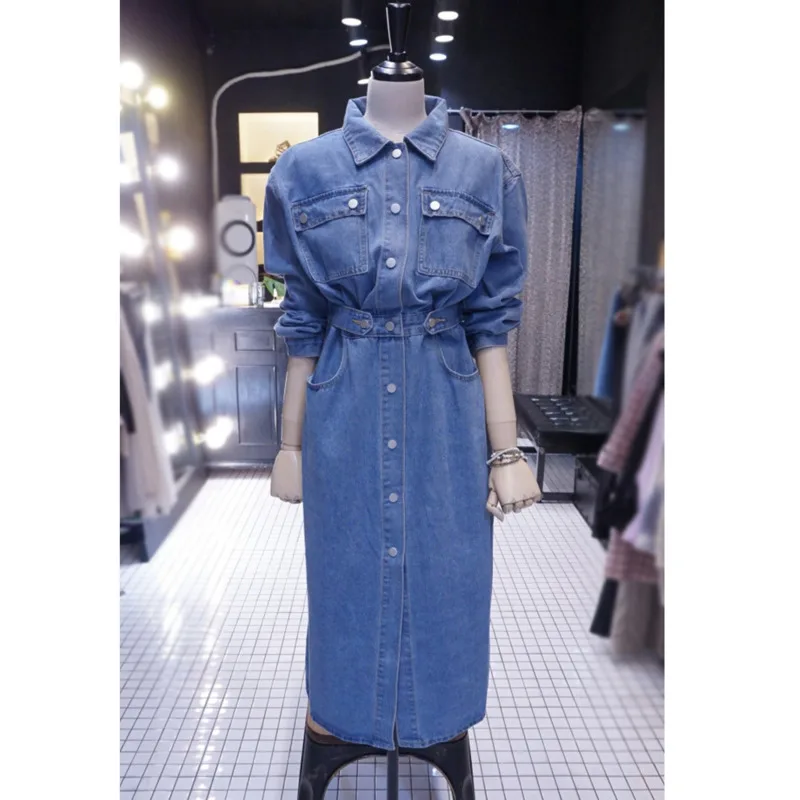 

Autumn Split Denim Dress Women Dress 2021 Korean New High Waist Slim Overknee Button Elegant Long Denim Dress Women Vintage