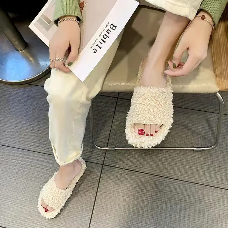 

Women Home Slippers Winter Warm Shoes Woman Slip on Flats Slides Female Faux Fur Slippers 36-40 wholesalee Flip Flops Open Toe