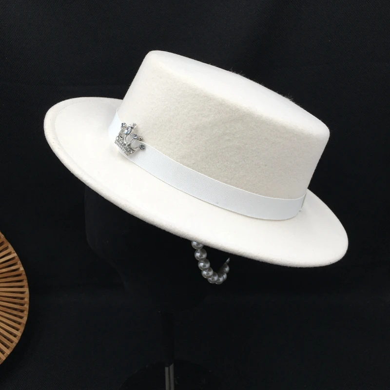 Шляпа женская из фетра белая шерстяная шляпа с плоским верхом в английском стиле