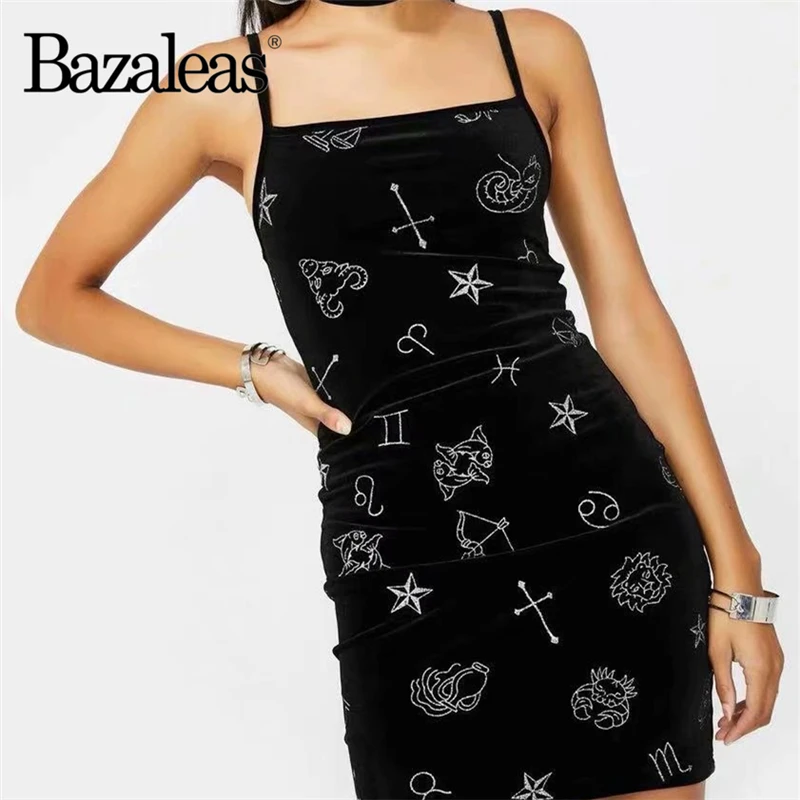 Женское мини платье Bazaleas черное бархатное Клубное на тонких бретелях с вышивкой