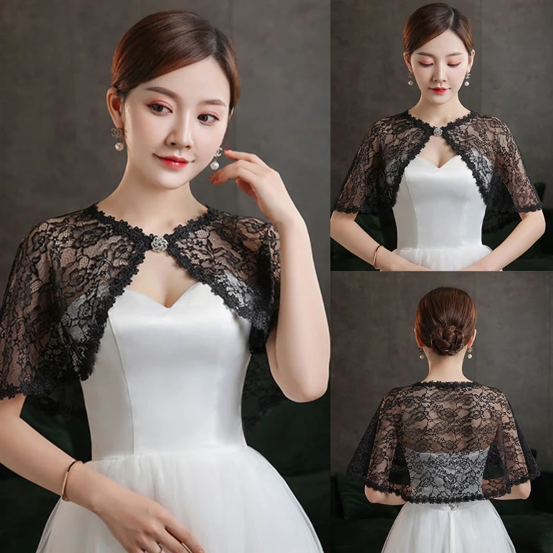 

U90E Black White Short Lace Shawl Lolita Cloak for Women Girls Dress Elegant Wedding Clothing Fashion Shawl