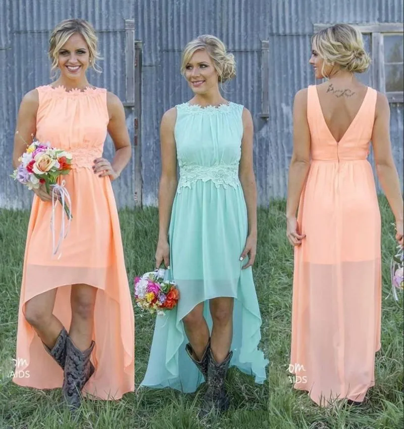 

Country Bridesmaid Dresses Backless High Low Chiffon Coral Mint Green Beach Maid Of Honor Dress Cheap
