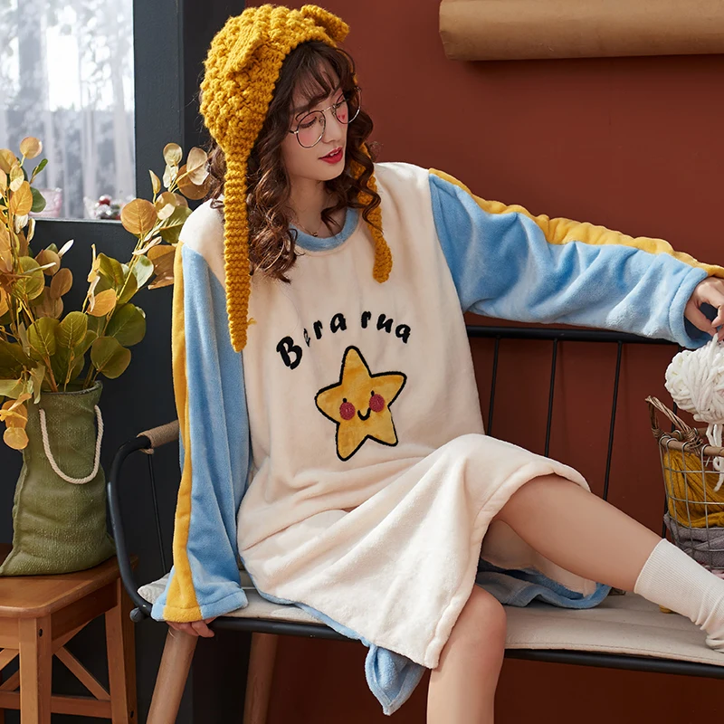 

Nightgowns Women Plus Size 3XL Printed Round Neck Coral Velvet Mid-long Sweet Womens Sleepwear Warm Daily Fashion Harajuku Chic