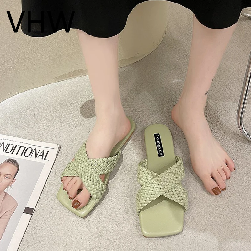 

Women Slippers 2021 Summer Weavn Ladies Elegant Square Opend Toe Outdoor Shoes Casual Sandals Women Fashion Lightweight Flats