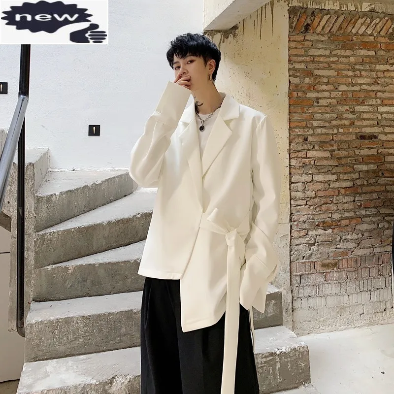 Designer Mens Irregular Lace Up Blazer Jacket Loose Fit Casual Suit Coat Harajuku Long Male Blazers High Street Jackets White