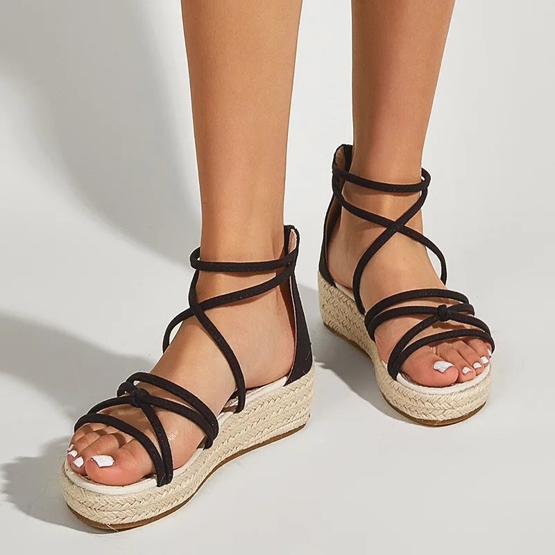 

Women Sandals Summer Fashion Casual Cross Strap Solid Color Lady Hemp Platform Shoes Sandalias Female Round Toe Beach Footwear