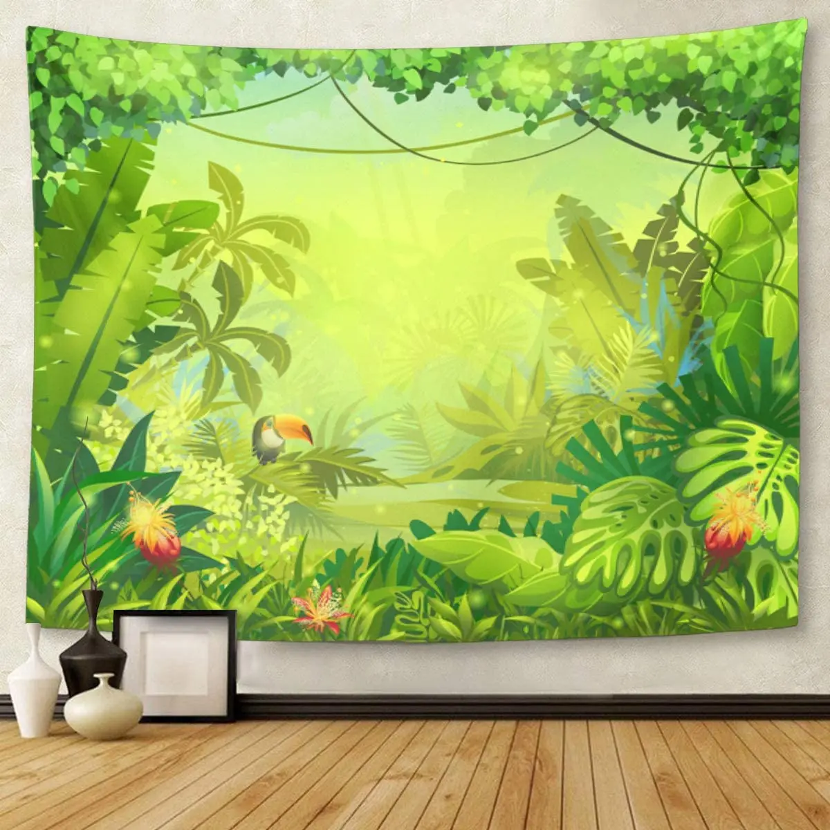 Tapestry Colorful Forest Jungle Toucan and Flower for Video Online Games Magazines Newspapers Books Green Tropic Tapestries
