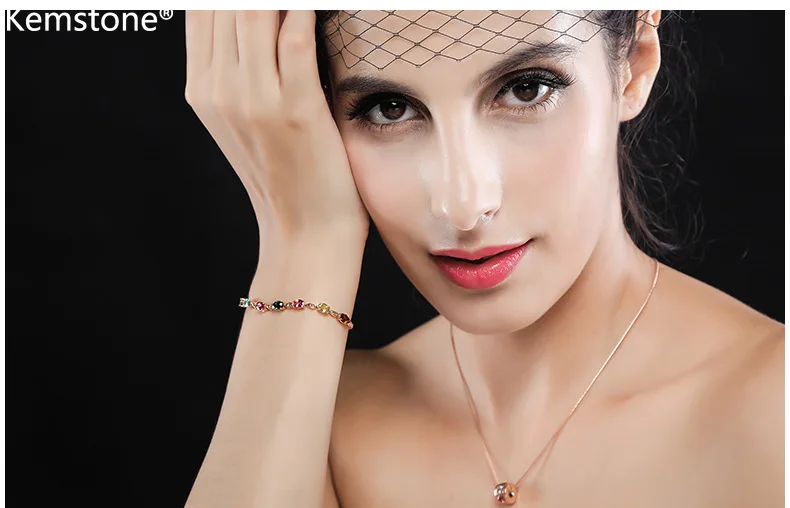Kemstone Multicolor Oval Zircon Rose Gold Color Copper Charm Link Chain Bracelet Jewelry Gift for Women | Украшения и аксессуары