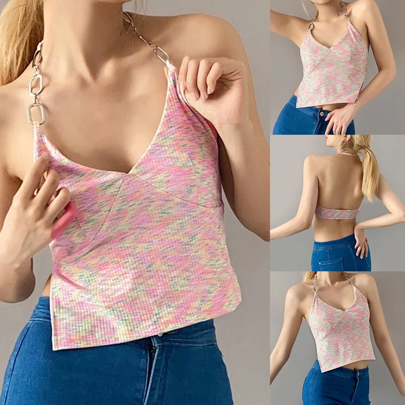 

Women's New Ins Metal Halter Neck Contrast Halter Short Vest Multicolor