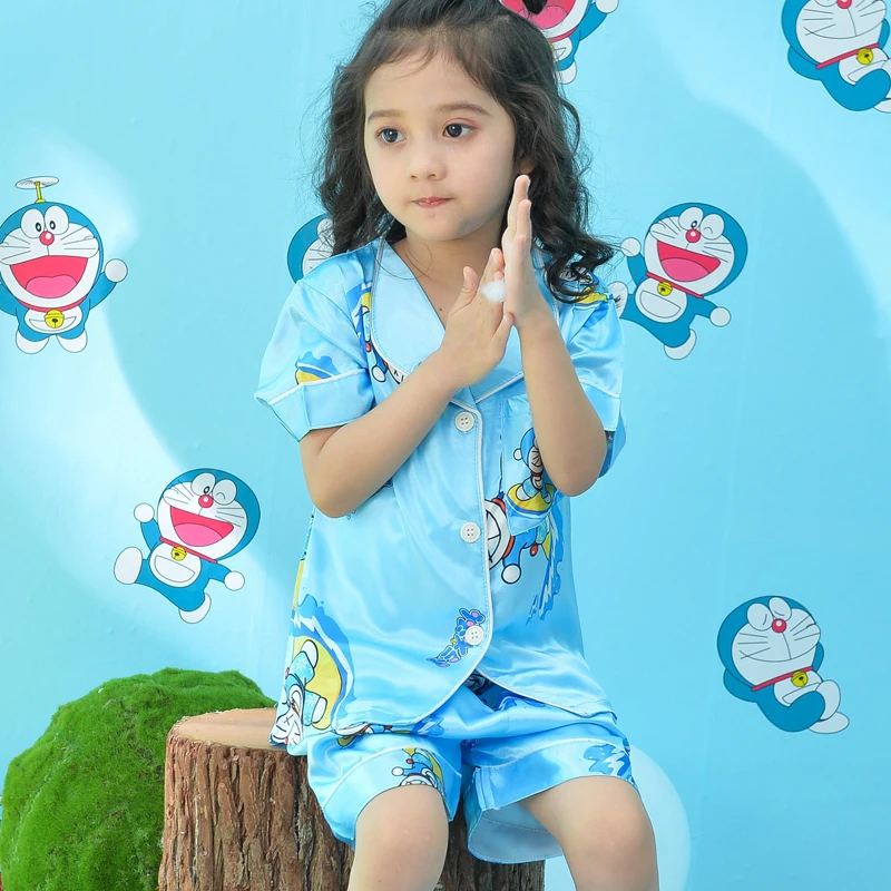 

Summer Children Pajams Set Cartoon Printed Satin Homewear Suit Short Sleeve Girls Sleepwear Casual Silk Pijama Nightwear 3-14yrs