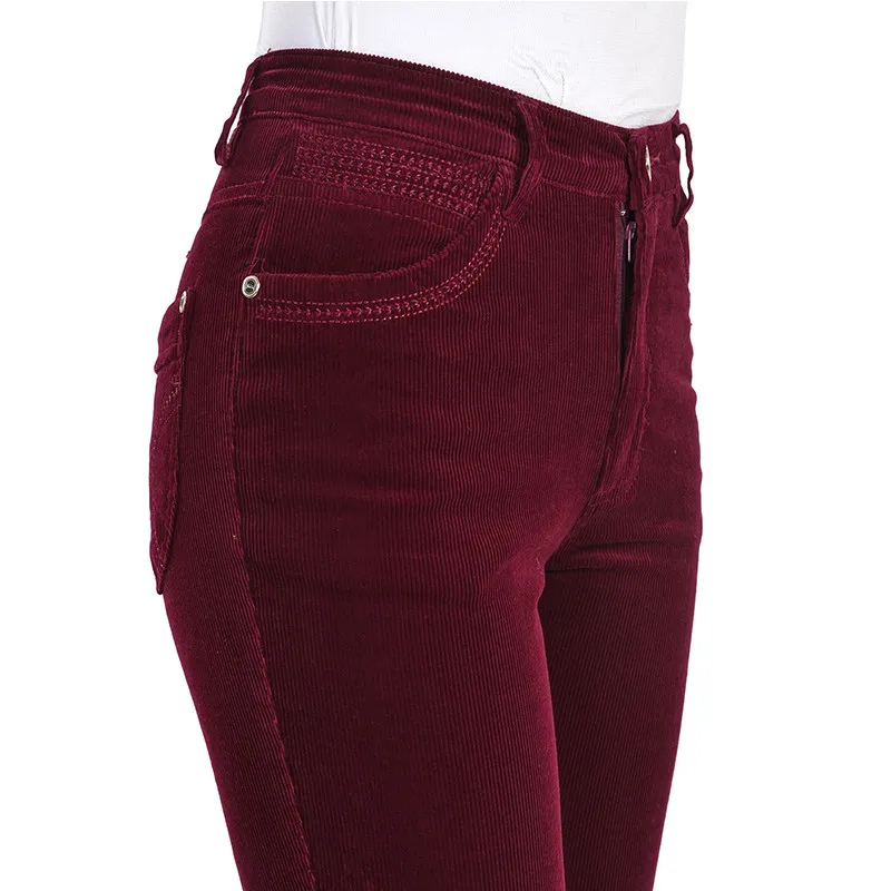 Большие размеры женские осенние вельветовые брюки с высокой талией эластичные