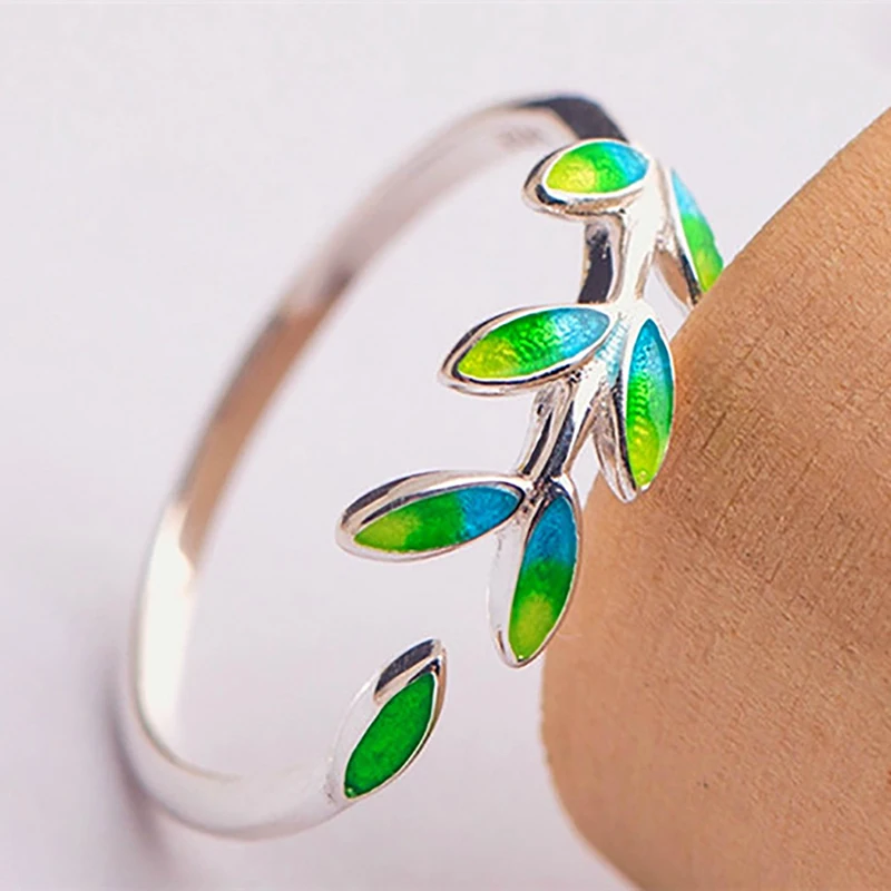 Индивидуальные серебряные кольца с зеленым листом для женщин свадебные