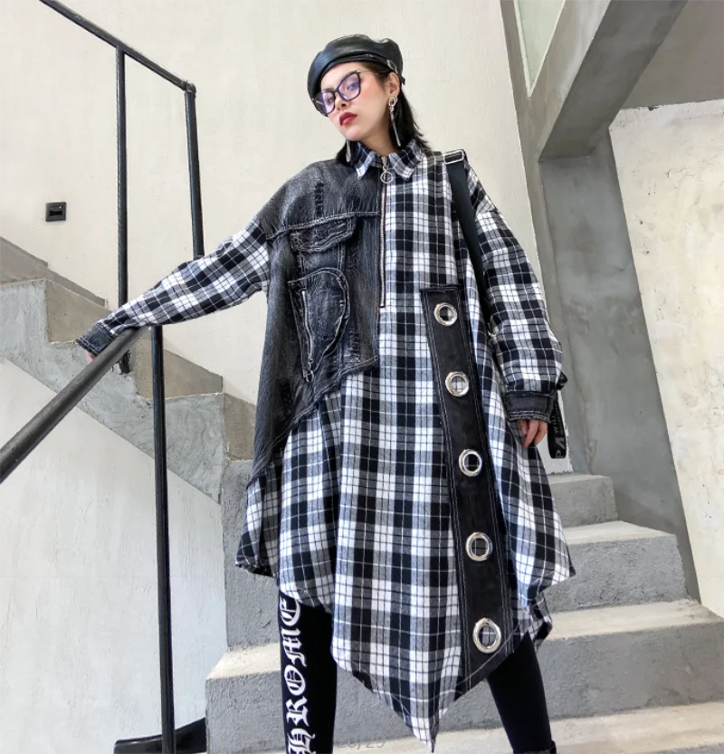 Plaid long sleeve shirt of euramerican street lady spring and Autumn new style restores ancient ways cowboy splice jacket