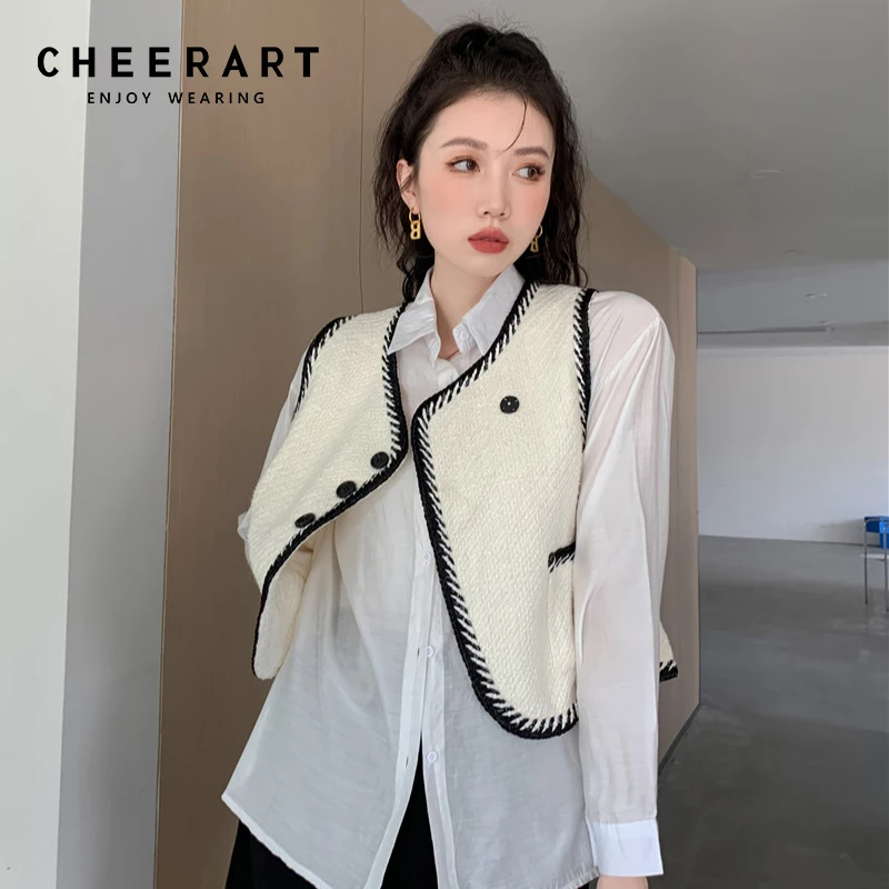 

CHEERART осень 2021 женский модный жилет без рукавов кардиган пальто Белый Черный твидовый укороченный жилет на пуговицах жилет осенняя одежда